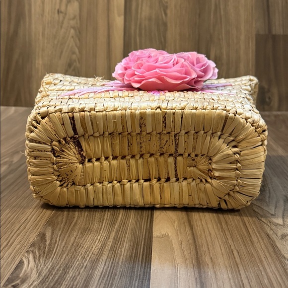 Christian Livingston Vintage Raffia Pink Fabric Roses Lined Top Handle Bag 8x10 - Picture 6 of 16
